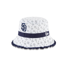 Load image into Gallery viewer, San Diego Padres New Era MLB Frill Bucket Cap Hat White/Blue Crown/Visor Blue Logo With Hearts Pattern