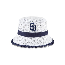 Load image into Gallery viewer, San Diego Padres New Era MLB Frill Bucket Cap Hat White/Blue Crown/Visor Blue Logo With Hearts Pattern