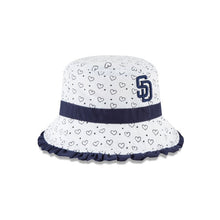 Load image into Gallery viewer, San Diego Padres New Era MLB Frill Bucket Cap Hat White/Blue Crown/Visor Blue Logo With Hearts Pattern