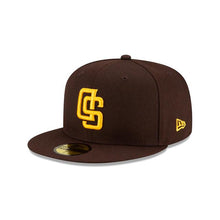 Load image into Gallery viewer, San Diego Padres New Era MLB 59Fifty 5950 Fitted Cap Hat Dark Brown Crown/Visor Yellow Team Color Logo (Upside Down)