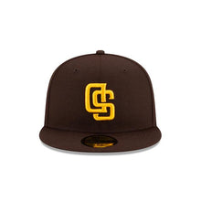 Load image into Gallery viewer, San Diego Padres New Era MLB 59Fifty 5950 Fitted Cap Hat Dark Brown Crown/Visor Yellow Team Color Logo (Upside Down)