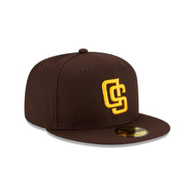 Load image into Gallery viewer, San Diego Padres New Era MLB 59Fifty 5950 Fitted Cap Hat Dark Brown Crown/Visor Yellow Team Color Logo (Upside Down)