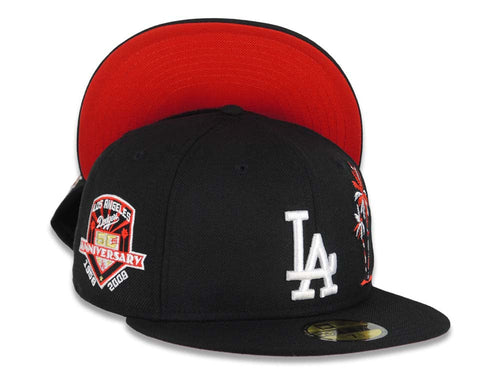 Los Angeles Dodgers New Era MLB 59FIFTY 5950 Fitted Cap Hat Black Crown/Visor White Logo With Palm Trees 50th Anniversary Side Patch Red UV