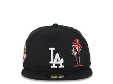 Load image into Gallery viewer, Los Angeles Dodgers New Era MLB 59FIFTY 5950 Fitted Cap Hat Black Crown/Visor White Logo With Palm Trees 50th Anniversary Side Patch Red UV