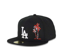 Load image into Gallery viewer, Los Angeles Dodgers New Era MLB 59FIFTY 5950 Fitted Cap Hat Black Crown/Visor White Logo With Palm Trees 50th Anniversary Side Patch Red UV