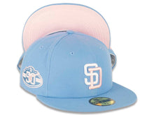 Load image into Gallery viewer, San Diego Padres New Era MLB 59FIFTY 5950 Fitted Cap Hat Sky Blue Crown/Visor White/Pink Logo 50th Anniversary Side Patch Pink UV