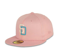 Load image into Gallery viewer, San Diego Padres New Era MLB 59FIFTY 5950 Fitted Cap Hat Pink Crown/Visor White/Neon Blue Logo 50th Anniversary Side Patch