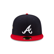 Load image into Gallery viewer, Atlanta Braves New Era MLB 59FIFTY 5950 Fitted Cap Hat Navy Crown Red Visor White Logo with 1995 World Series Side Patch Green Paisley UV