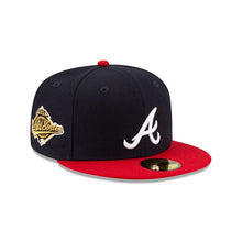 Load image into Gallery viewer, Atlanta Braves New Era MLB 59FIFTY 5950 Fitted Cap Hat Navy Crown Red Visor White Logo with 1995 World Series Side Patch Green Paisley UV