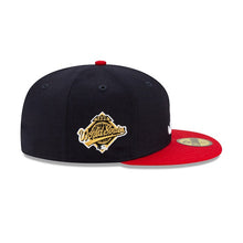 Load image into Gallery viewer, Atlanta Braves New Era MLB 59FIFTY 5950 Fitted Cap Hat Navy Crown Red Visor White Logo with 1995 World Series Side Patch Green Paisley UV