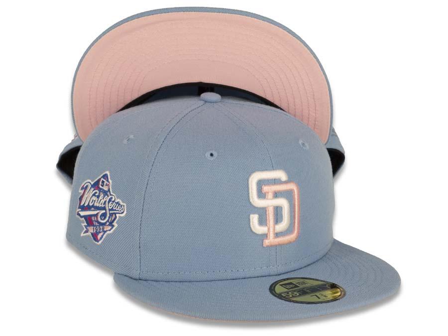 (City Connect Colors) San Diego Padres New Era MLB 59FIFTY 5950 Fitted Cap Hat Teal Crown/Visor Magenta/Yellow/White Script Logo Stadium Side Patch
