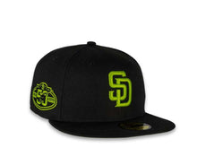 Load image into Gallery viewer, New Era MLB 59Fifty 5950 Fitted San Diego Padres Cap Hat Black Crown Lime Green Logo 50th Anniversary Side Patch Lime Green UV