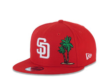 Load image into Gallery viewer, San Diego Padres New Era MLB 9FIFTY 950 Snapback Cap Hat Red Crown/Visor White Logo with Palm Tree Swinging Friar Side Patch Sky Blue UV