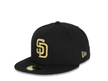 Load image into Gallery viewer, San Diego Padres New Era MLB 59Fifty 5950 Fitted Cap Hat Black Crown/Visor Metallic Gold Logo 50th Anniversary Side Patch Metallic Gold UV