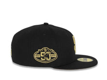 Load image into Gallery viewer, San Diego Padres New Era MLB 59Fifty 5950 Fitted Cap Hat Black Crown/Visor Metallic Gold Logo 50th Anniversary Side Patch Metallic Gold UV