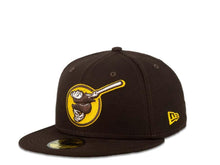 Load image into Gallery viewer, New Era MLB 59Fifty 5950 Fitted San Diego Padres Cap Hat Dark Brown Crown Dark Brown/White/Yellow Friar with Circle Logo Black UV