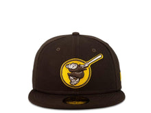Load image into Gallery viewer, New Era MLB 59Fifty 5950 Fitted San Diego Padres Cap Hat Dark Brown Crown Dark Brown/White/Yellow Friar with Circle Logo Black UV