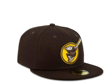 Load image into Gallery viewer, New Era MLB 59Fifty 5950 Fitted San Diego Padres Cap Hat Dark Brown Crown Dark Brown/White/Yellow Friar with Circle Logo Black UV