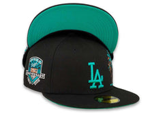 Load image into Gallery viewer, New Era MLB 59Fifty 5950 Fitted Los Angeles Dodgers Cap Hat Black Crown Teal Logo with Palm Tree 50th Anniversary Side Patch Teal UV