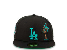 Load image into Gallery viewer, New Era MLB 59Fifty 5950 Fitted Los Angeles Dodgers Cap Hat Black Crown Teal Logo with Palm Tree 50th Anniversary Side Patch Teal UV