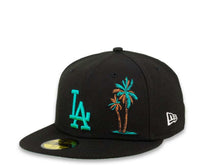 Load image into Gallery viewer, New Era MLB 59Fifty 5950 Fitted Los Angeles Dodgers Cap Hat Black Crown Teal Logo with Palm Tree 50th Anniversary Side Patch Teal UV
