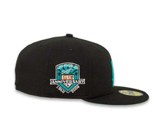 Load image into Gallery viewer, New Era MLB 59Fifty 5950 Fitted Los Angeles Dodgers Cap Hat Black Crown Teal Logo with Palm Tree 50th Anniversary Side Patch Teal UV