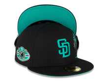 Load image into Gallery viewer, San Diego Padres New Era MLB 59FIFTY 5950 Fitted Cap Hat Black Crown/Visor Teal Logo with Palm Tree 50th Anniversary Side Patch Teal UV