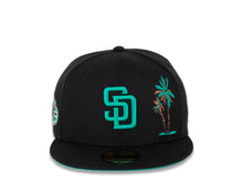 Load image into Gallery viewer, San Diego Padres New Era MLB 59FIFTY 5950 Fitted Cap Hat Black Crown/Visor Teal Logo with Palm Tree 50th Anniversary Side Patch Teal UV