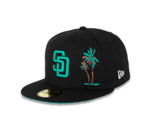 Load image into Gallery viewer, San Diego Padres New Era MLB 59FIFTY 5950 Fitted Cap Hat Black Crown/Visor Teal Logo with Palm Tree 50th Anniversary Side Patch Teal UV