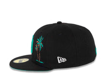 Load image into Gallery viewer, San Diego Padres New Era MLB 59FIFTY 5950 Fitted Cap Hat Black Crown/Visor Teal Logo with Palm Tree 50th Anniversary Side Patch Teal UV