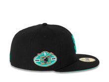 Load image into Gallery viewer, San Diego Padres New Era MLB 59FIFTY 5950 Fitted Cap Hat Black Crown/Visor Teal Logo with Palm Tree 50th Anniversary Side Patch Teal UV