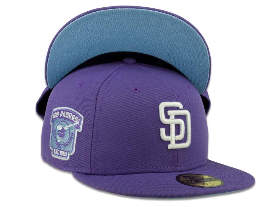 San Diego Padres New Era MLB 59Fifty 5950 Fitted Cap Hat Light Purple Crown  White Logo Go Padres Side Patch Sky Blue UV