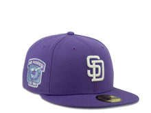 Load image into Gallery viewer, New Era MLB 59Fifty 5950 Fitted San Diego Padres Cap Hat Light Purple Crown White Logo Go Padres Side Patch Sky Blue UV