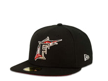 Load image into Gallery viewer, New Era MLB 59Fifty 5950 Fitted Floria Marlins Cap Hat Black Crown Black/Red/White/Metallic Silver Logo 1997 World Series Side Patch Red UV