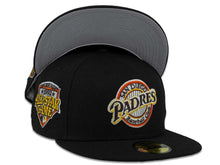 Load image into Gallery viewer, New Era MLB 59Fifty 5950 Fitted San Diego Padres Cap Hat Black Crown Brow/White/Yellow/Orage Cooperstown Retro Logo 2016 All-Star Game Side Patch Gray UV