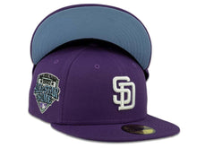 Load image into Gallery viewer, New Era MLB 59Fifty 5950 Fitted San Diego Padres Cap Hat Dark Purple Crown White Logo 2016 All-Star Game Side Patch Sky Blue UV