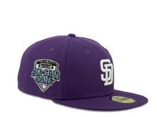 Load image into Gallery viewer, New Era MLB 59Fifty 5950 Fitted San Diego Padres Cap Hat Dark Purple Crown White Logo 2016 All-Star Game Side Patch Sky Blue UV