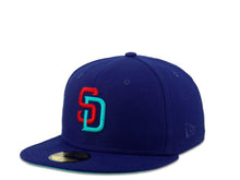 Load image into Gallery viewer, New Era MLB 59Fifty 5950 Fitted San Diego Padres Cap Hat Dark Royal Crown Flame Red/Blue Logo 2016 All-Star Game Side Patch Blue UV