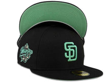 Load image into Gallery viewer, New Era MLB 59Fifty 5950 Fitted San Diego Padres Cap Hat Black Crown Mint Logo 1998 World Series Side Patch Mint UV