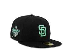 Load image into Gallery viewer, New Era MLB 59Fifty 5950 Fitted San Diego Padres Cap Hat Black Crown Mint Logo 1998 World Series Side Patch Mint UV