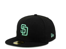 Load image into Gallery viewer, New Era MLB 59Fifty 5950 Fitted San Diego Padres Cap Hat Black Crown Mint Logo 1998 World Series Side Patch Mint UV