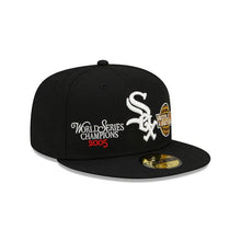 Load image into Gallery viewer, Chicago White Sox New Era MLB 59Fifty 5950 Fitted Hat Royal Black Crown/Visor White Logo with World Series Champions 2005 Patches Gray UV