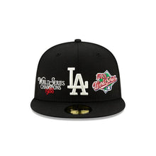 Load image into Gallery viewer, Los Angeles Dodgers New Era MLB 59Fifty 5950 Fitted Hat Black Crown/Visor White Logo with World Series Champions 1988 Patches Gray UV