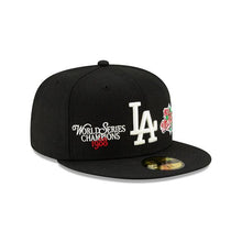 Load image into Gallery viewer, Los Angeles Dodgers New Era MLB 59Fifty 5950 Fitted Hat Black Crown/Visor White Logo with World Series Champions 1988 Patches Gray UV