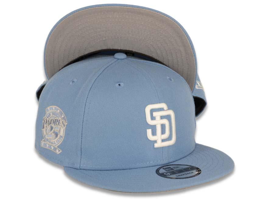 San Diego Padres New Era MLB 9FIFTY 950 Snapback Cap Hat Sky Blue Crown/Visor White/Dark Blue Logo 50th Anniversary Side Patch Dark Blue UV