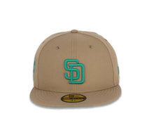 Load image into Gallery viewer, San Diego Padres New Era MLB 59Fifty 5950 Fitted Cap Hat Khaki Crown/Visor Teal Logo 25th Anniversary Side Patch Teal UV