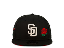 Load image into Gallery viewer, San Diego Padres New Era MLB 9Fifty 950 Snapback Cap Hat Black Crown White Logo with Rose Friar Side Patch Red UV