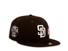 Load image into Gallery viewer, San Diego Padres New Era MLB 59Fifty 5950 Fitted Cap Hat Dark Brown Crown White Logo with Rose 2016 All-Star Game Side Patch Pink UV