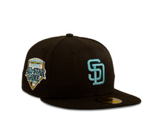 Load image into Gallery viewer, San Diego Padres New Era MLB 59Fifty 5950 Fitted Cap Hat Black Crown Sky Blue Logo 1992 All-Star Game Side Patch Sky Blue UV