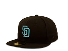 Load image into Gallery viewer, San Diego Padres New Era MLB 59Fifty 5950 Fitted Cap Hat Black Crown Sky Blue Logo 1992 All-Star Game Side Patch Sky Blue UV